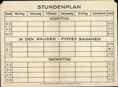 Stundenplan Reklame Fyffes Bananen, Kinder Wintersport um 1930