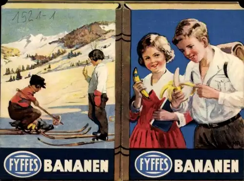 Stundenplan Reklame Fyffes Bananen, Kinder Wintersport um 1930