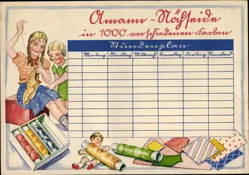 Stundenplan Reklame Olmann Nähseide, Wie wird Nähseide gemacht, Kind beim nähen um 1930