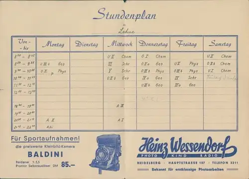 Stundenplan mit Umschlag, Foto Heinz Wessendorf, Heidelberg, Fotoapparat um 1950