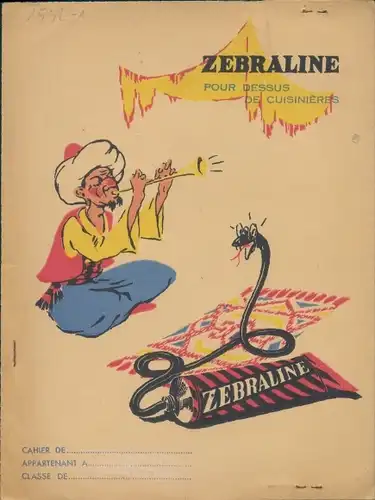 Stundenplan, französische Reklame, Zebraline Reinigung für Herdplatten, Schlangenbeschwörer um 1930