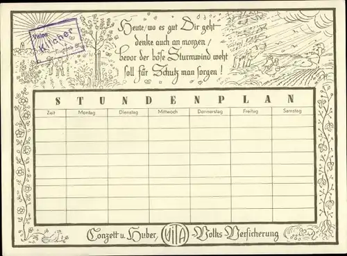 Stundenplan Volksversicherung VITA, Conzett & Huber Volksversicherung um 1960