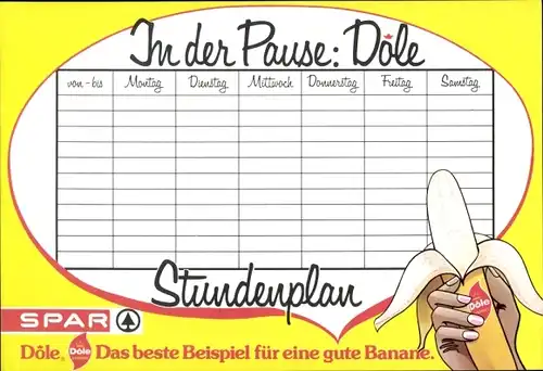 Stundenplan Dole Bananen, Spar Supermarkt, Österreich Das beste Beispiel für eine Banane um 1970