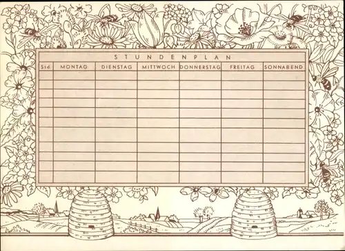 Stundenplan Sparkassen Verlag, Bienenstock, Biene mit Pfennig-Münze um 1960