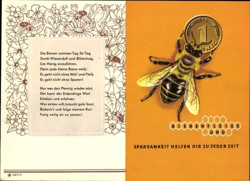 Stundenplan Sparkassen Verlag, Bienenstock, Biene mit Pfennig-Münze um 1960