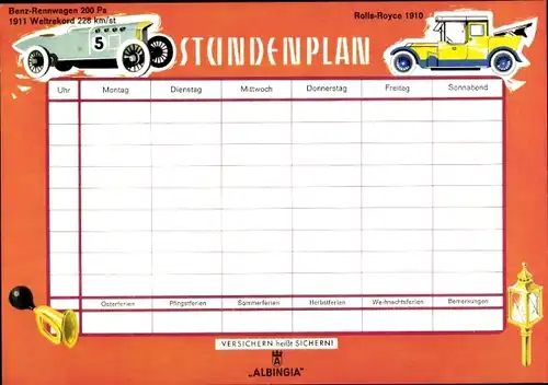 Stundenplan Albingia Versicherung, Oldtimer, Mercedes Opel Ford Daimler Cadilliac um 1960