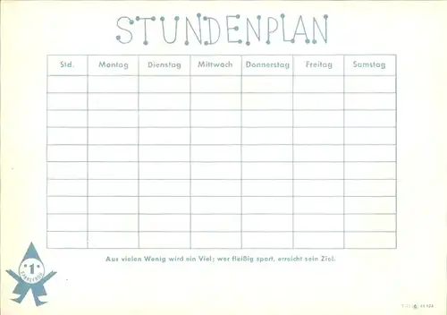 Stundenplan Sparkassen Verlag, Werbefigur Sparefroh, Hase und Igel um 1970