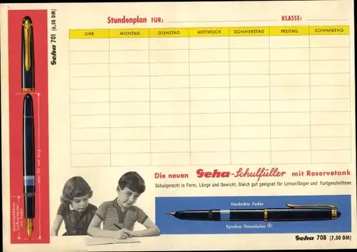 Stundenplan Geha Schulfüller mit Reserve-Tank, Druckstift 833, Schulfüller 708 um 1960