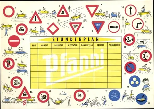 Stundenplan Reklame Pfanni, Verkehrsschilder, Straßenzeichen um 1960