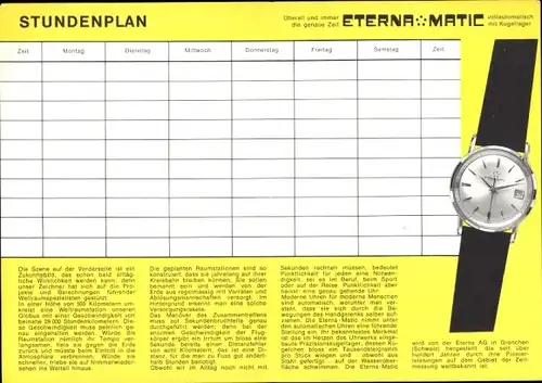 Stundenplan Uhrenhersteller Eterna AG, Schweiz, Uhr Eterna Matic, Pünktlichkeit im Weltraum um 1960/