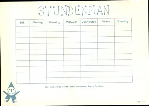 Stundenplan Sparkassen Verlag, Werbefigur Sparefroh, Der Löwe und der Hase um 1970