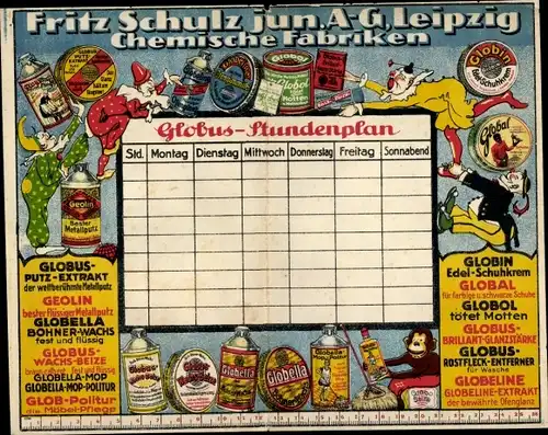 Stundenplan Fritz Schulz AG Leipzig, Chemische Fabriken, Globus Globin-Schubcreme Glob-Politur 1930