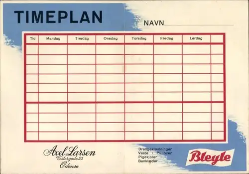 Stundenplan Bleyle Kinderbekleidung, Kinder mit Schulranzen, dänische Version um 1950