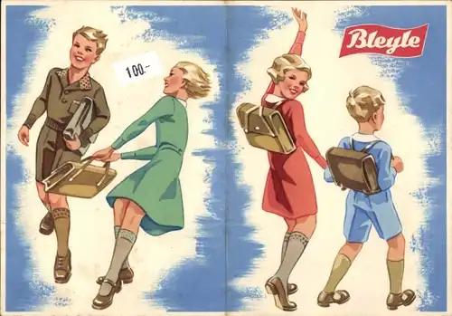 Stundenplan Bleyle Kinderbekleidung, Kinder mit Schulranzen, dänische Version um 1950