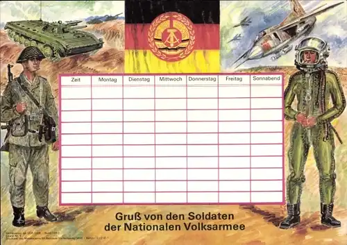 Stundenplan DDR Soldaten der Nationalen Volksarmee, Fallschirmspringer, Flieger um 1970