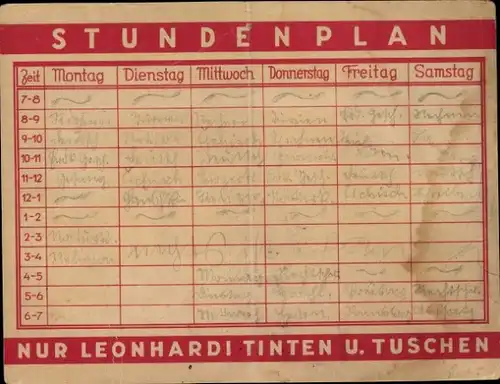 Stundenplan Aug. Leonhardi Tinten und Tuschen, Bodenbach, Junge mit Tintenfass um 1920