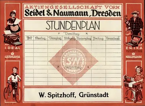 Stundenplan Seidel & Naumann, Dresden, W. Spitzhoff, Grünstadt, Schreibmaschinen Fahrräder um 1930