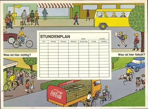 Stundenplan Coca-Cola GmbH Abfüllfabrik, Kinder im Straßenverkehr, LKW mit Werbung um 1960