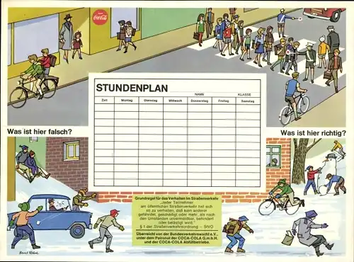 Stundenplan Coca-Cola GmbH Abfüllfabrik, Kinder im Straßenverkehr, LKW mit Werbung um 1960