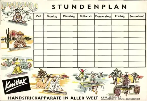 Stundenplan Karl Steinhof Knittax Handstrickapparate, Eskimo, Mexikaner, Chinese um 1960