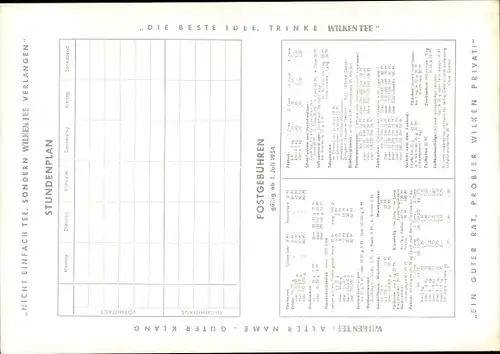 Stundenplan Wilken Tee, verschiedene Sorten, Postgebühren ab Juli 1954