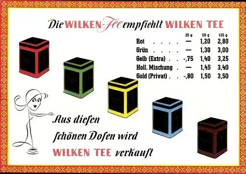 Stundenplan Wilken Tee, verschiedene Sorten, Postgebühren ab Juli 1954