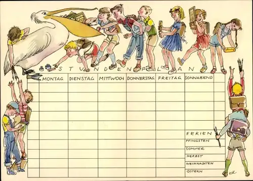 Stundenplan Pelikan Füller, Alleskleber Buntpapiere, Kinder mit Pelikan um 1950