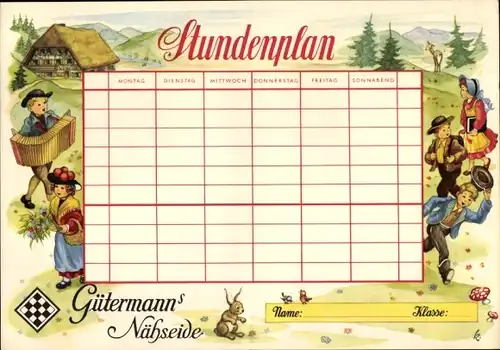 Stundenplan Gptermannßs Nähseide, Kinder in Trachten, Schwarzwald, um 1950