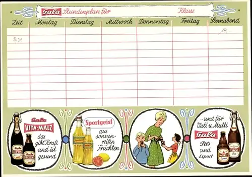 Stundenplan Gala Getränke, Vita-Malz, Limonade "Sportgeist", Gala Bier, Bierflaschen um 1960