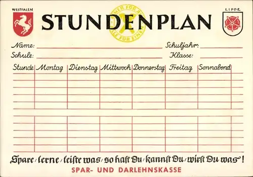 Stundenplan Spar- und Darlehnskasse Kreis Wiedebrück, Westfalen, Lippe, Landkarte um 1960