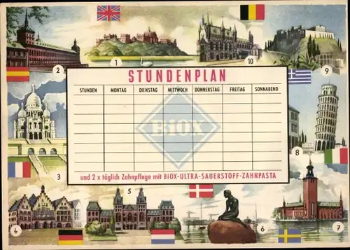 Stundenplan BIOX-Fluor-Zahnschutzpasta, Europäische Sehenswürdigkeiten um 1960