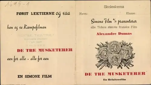 Stundenplan Simone Film präsentiert, Alexandre Dumas, Die 3 Musketiere, dänisch um 1950
