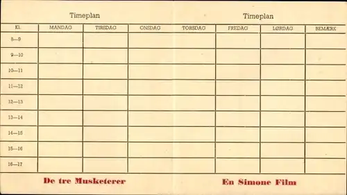 Stundenplan Simone Film präsentiert, Alexandre Dumas, Die 3 Musketiere, dänisch um 1950