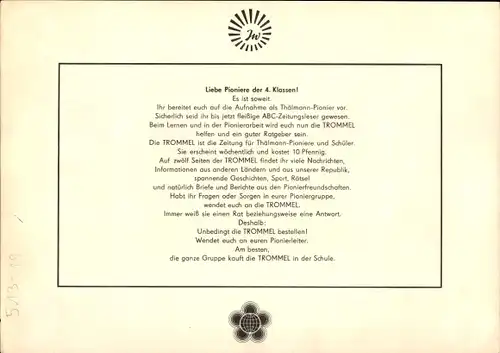 Stundenplan DDR Trommler Zeitung für Thälmann-Pioniere und Schüler, Beilage um 1970