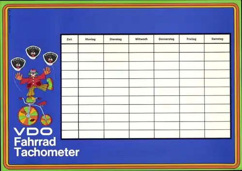Stundenplan CVDO Fahrrad Tachometer, Clown auf Fahrrad um 1970