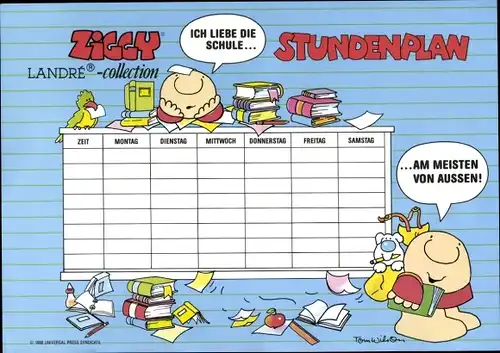 Stundenplan Comicfigur ZIGGY, Landré-Collection, Ziggy mit Büchern 1988