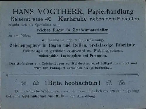 Stundenplan Hand Voghtherr Papierhandlung, Kaiserstraße 40, Karlsruhe neben dem Elefanten um 1930