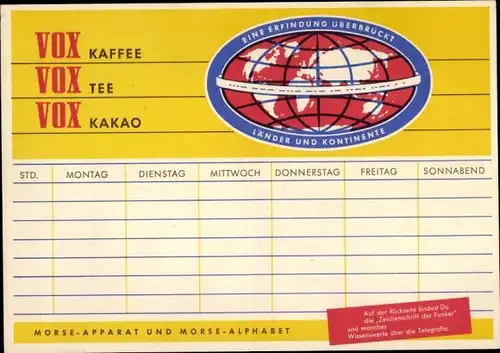 Stundenplan VOX Kaffee Tee Kakao, Morse-Alphabet und Morse-Apparat um 1960