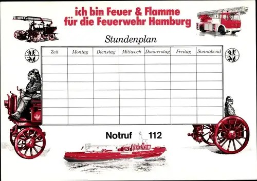 Stundenplan Feuerwehr Hamburg, Ich bin Feuer & Flamme, Leiterwagen, Notruf 110 um 1980