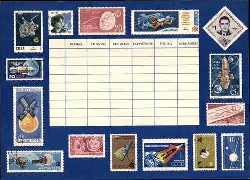 Stundenplan DDR Deutsche astrologische Gesellschaft, Weltraum Briefmarken Ostblock um 1970