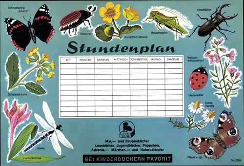 Stundenplan FAVORIT Buch, Kinderbücher, Schulbücher - Insekten, Schmetterlinge, Käfer um 1960