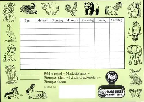 Stundenplan, Marburger Kinderstempel, Tiere - Krokodil, Elefant, Vögel um 1970