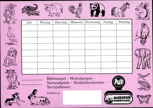 Stundenplan, Marburger Kinderstempel, Tiere - Krokodil, Elefant, Vögel um 1970