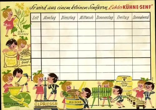 Stundenplan Kühne Senf Essig, Stammhaus Berlin, Verpackungen um 1960