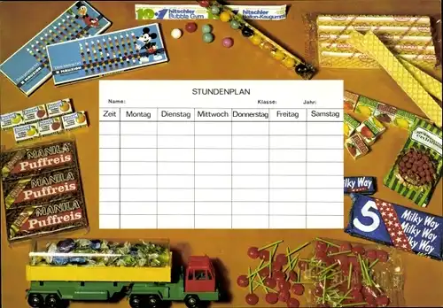 Stundenplan Intershop, Süßigkeiten, Waffeln, Kaugummi um 1970