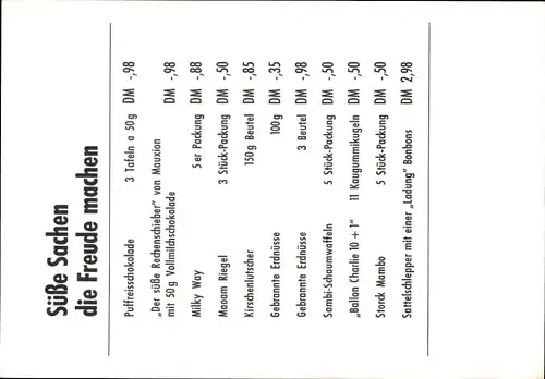 Stundenplan Intershop, Süßigkeiten, Waffeln, Kaugummi um 1970