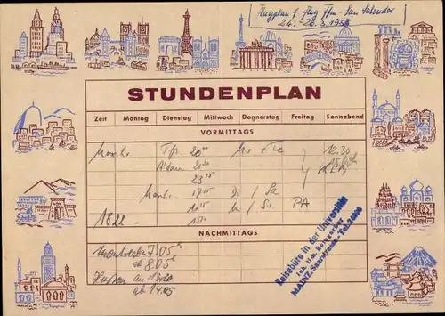 Stundenplan DER Touristik, Reisebüro in der Universität Mainz, Bahn, Schiff, Bus, Flugzeug um 1960