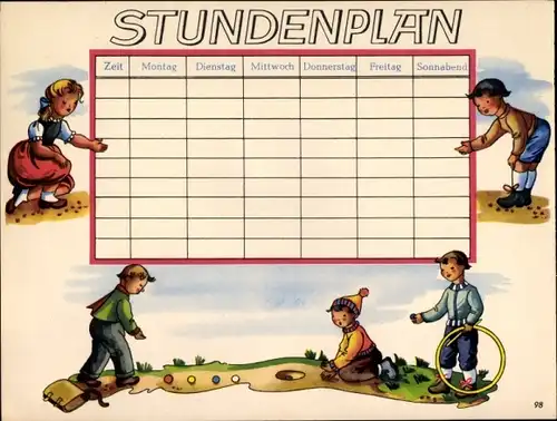 Stundenplan - spielende Kinder, Reif um Murmeln um 1950