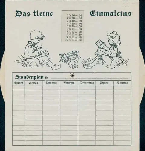 Mechanischer Stundenplan, Das kleine Einmaleins, Römiche Zahlen, Maße und Gewichte um 1930