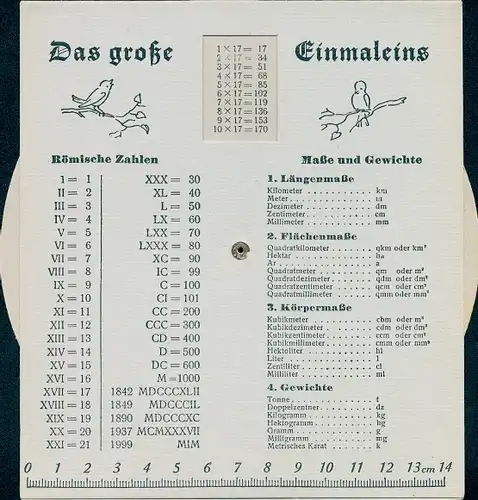 Mechanischer Stundenplan, Das kleine Einmaleins, Römiche Zahlen, Maße und Gewichte um 1930